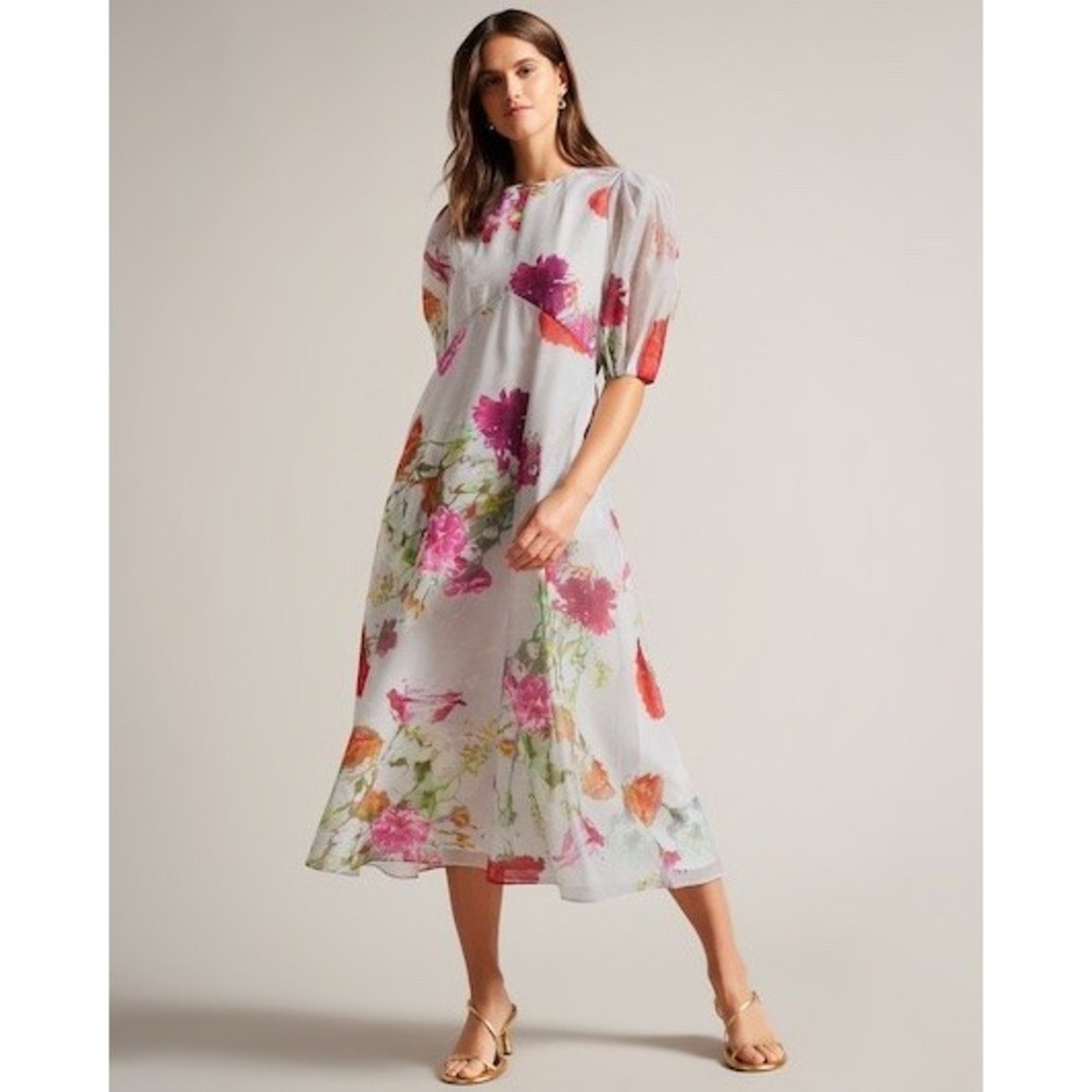 Ted Baker Mekayla Midi Dress Gray Floral Puff Sleeve Womens Sz 6 US (2 Ted)